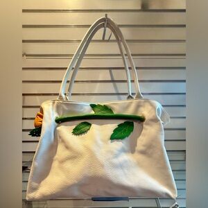 Elegant White Genuine Leather Tote with Rose Accent - designer direct NWOT